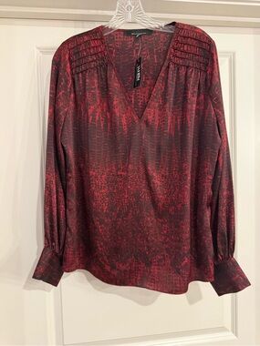 White House Black Market Red and Black Patterned V-Neck Blouse